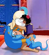 Genie having sex with Sultan and Aladdin at once, Sultan sucking dicks and doing handjob