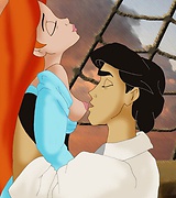 Young Ariel has romantic sex with prince on the board of the ship.