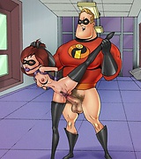 Naughty Elastigirl worships her hubby but dominates male cartoon villains