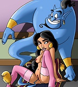 Jasmine fucks Aladdin with strap-on. Oriental slut sucks Genie's blue cock. Genie teases jasmine.