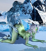 A sexy fantasy girl is fucked by a strong blue ice monster near cold snowy mountains.