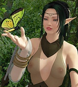 Charming elf girl chants and dances in the green forest. She catches butterflies and sings magical songs.