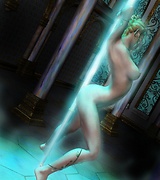 Gorgeous elf babe dancing near a glowing magical pole. She teases showing her beauties.