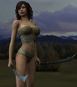 Hottest warrior girls posing with swords in front of the mountains and ancient ruins.